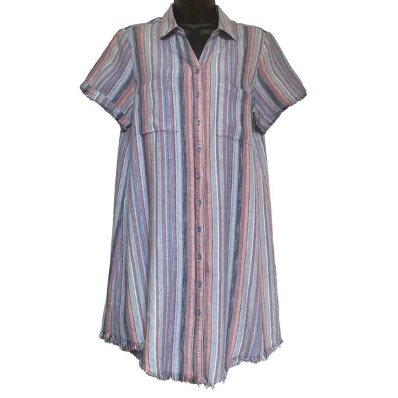 Caffe Marrakesh Linen Blend Striped Raw Hem & Sleeve Button Front Shirt Dress M - Picture 3 of 12